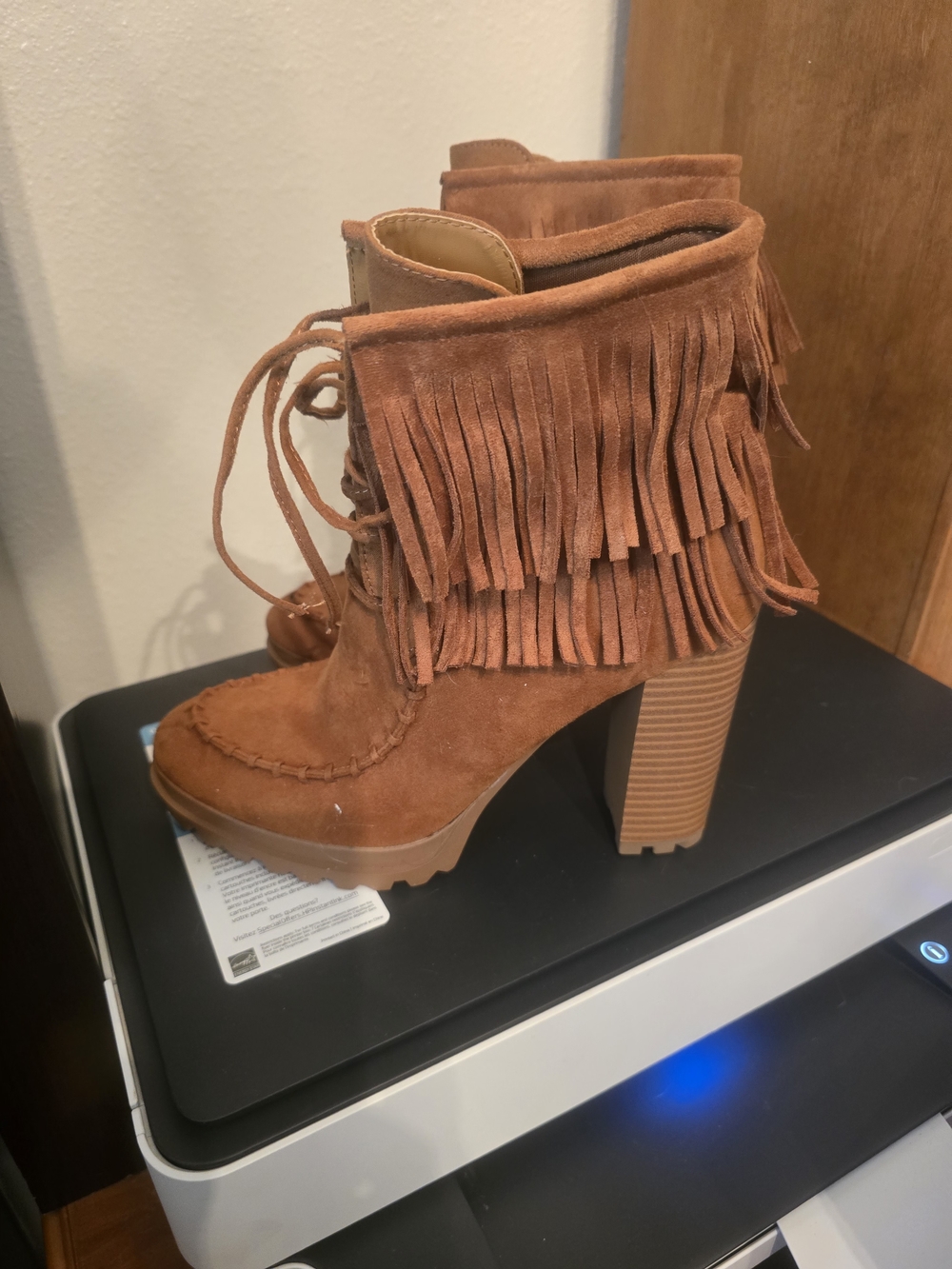 JustFab Rust Suede Fringe Lace-Up Block Heel Booties